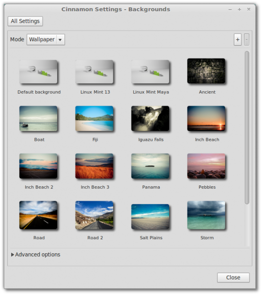The Cinnamon backgrounds selection screen