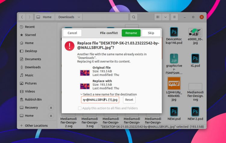Ubuntu 21.10 每日构建中 Nautilus 40 中文件冲突对话框的屏幕截图