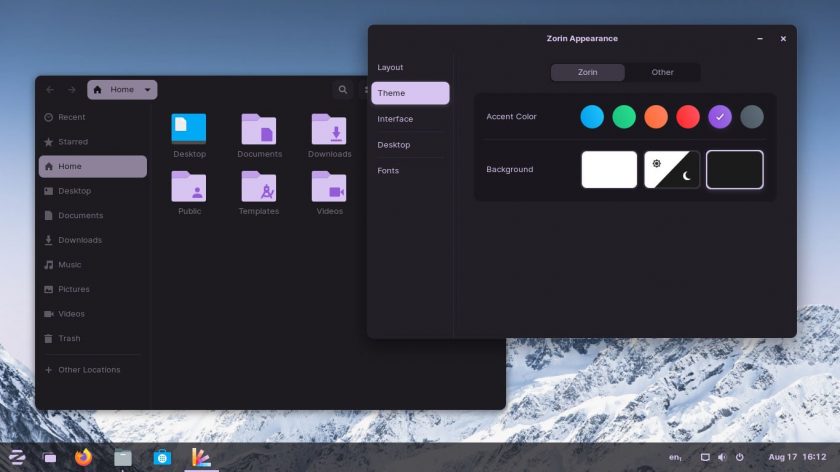 打开 Zorin Appearance 工具的 Zorin OS 16 暗模式屏幕截图