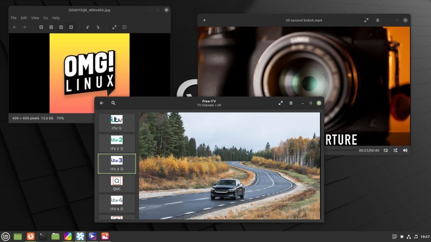 Linux Mint 20.3 图像查看器 hypnotix 和赛璐珞视频播放器打开的屏幕截图
