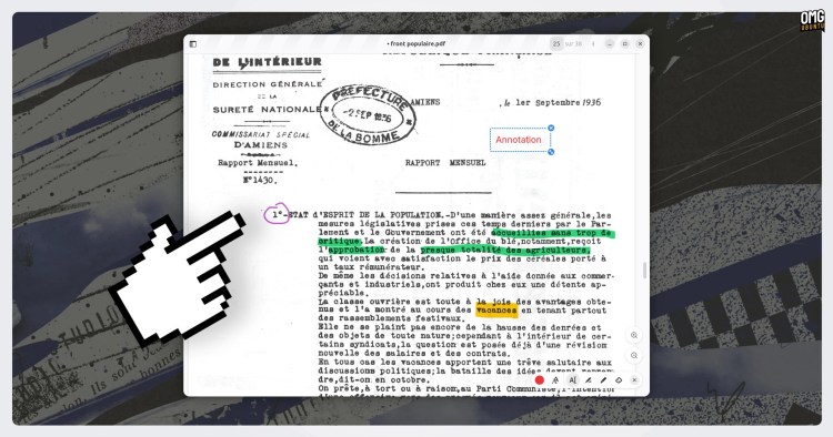A screenshot of the GNOME Papers app showing a PDF document being annotated with freehand ink drawings and added text boxes.