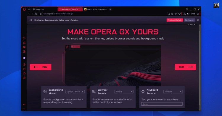 Opera GX for Linux shows an onboarding page after being installed for the first time.