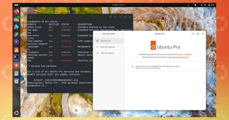 Security Center app on Ubuntu 24.04 LTS shows Ubuntu Pro settings.