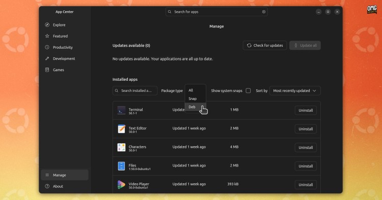 Deb package management in Ubuntu App Center.