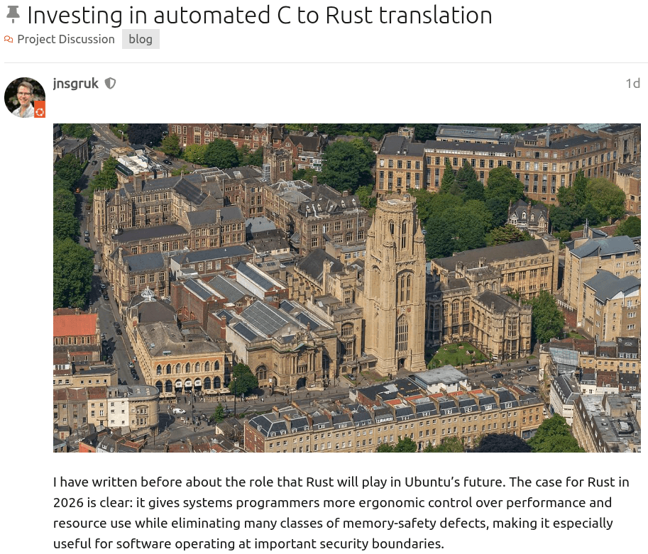 a discourse post by someone named "jnsgruk" (jon seager) on the ubuntu forum, announcing canonical's funding of a 3-year old phd project