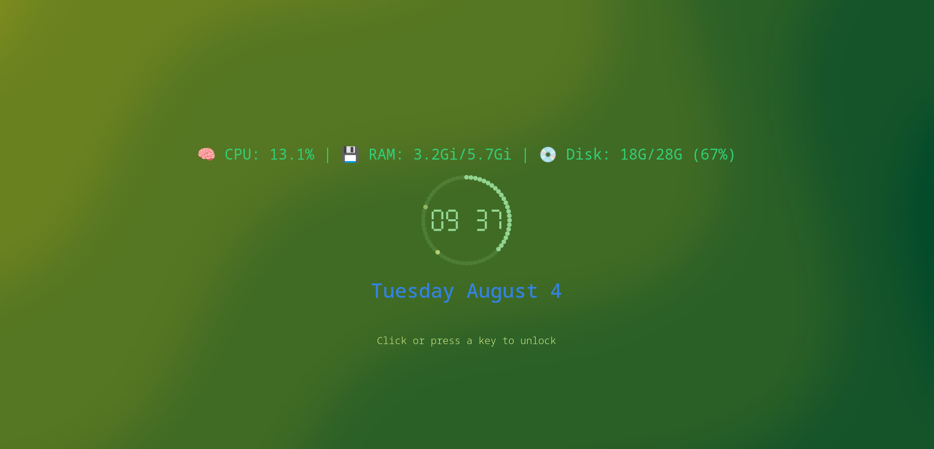A customized lockscreen in GNOME created using the Customize Clock on Lockscreen Extension.