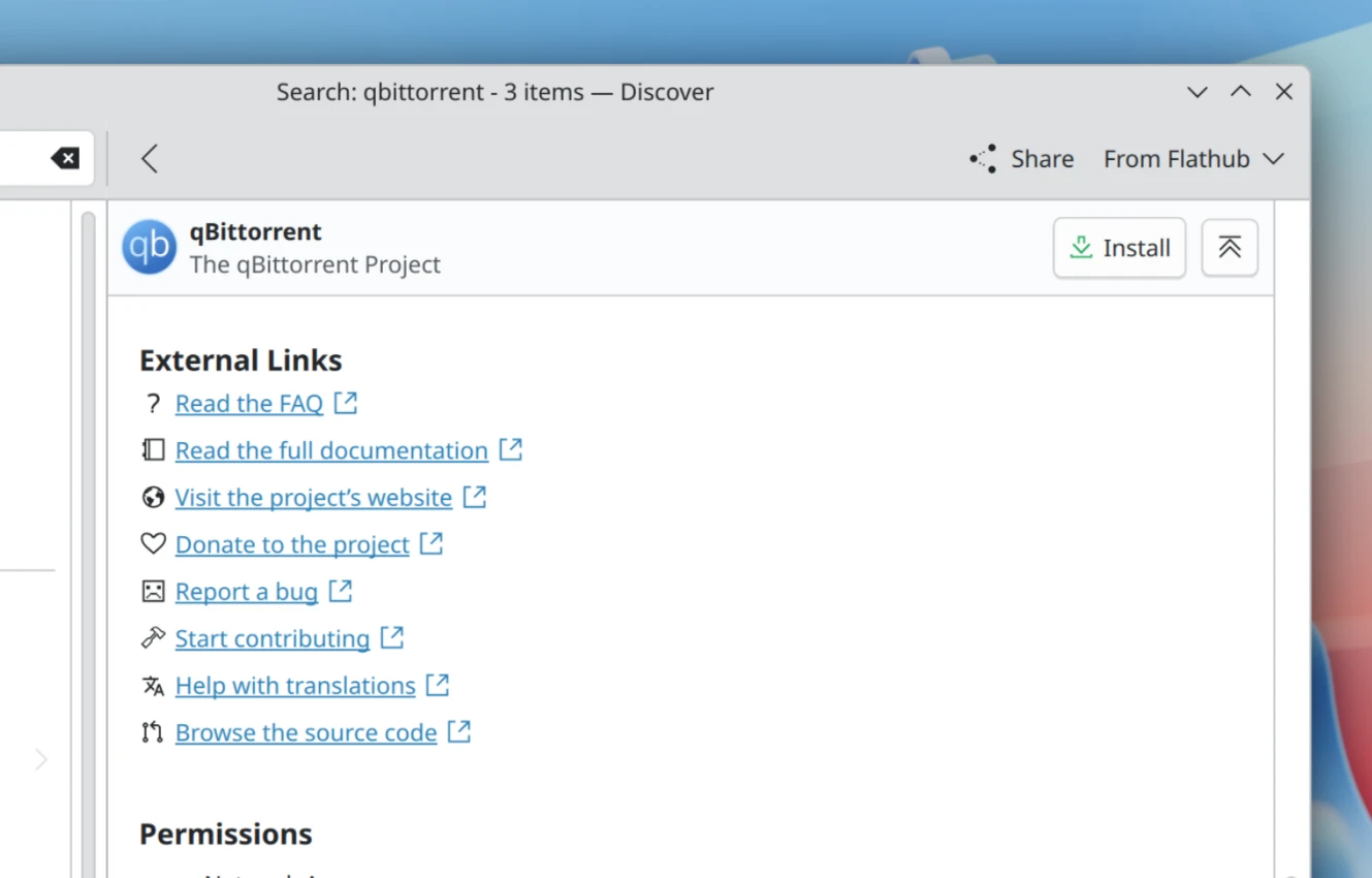 QBittorrent’s many external links shown in Discover