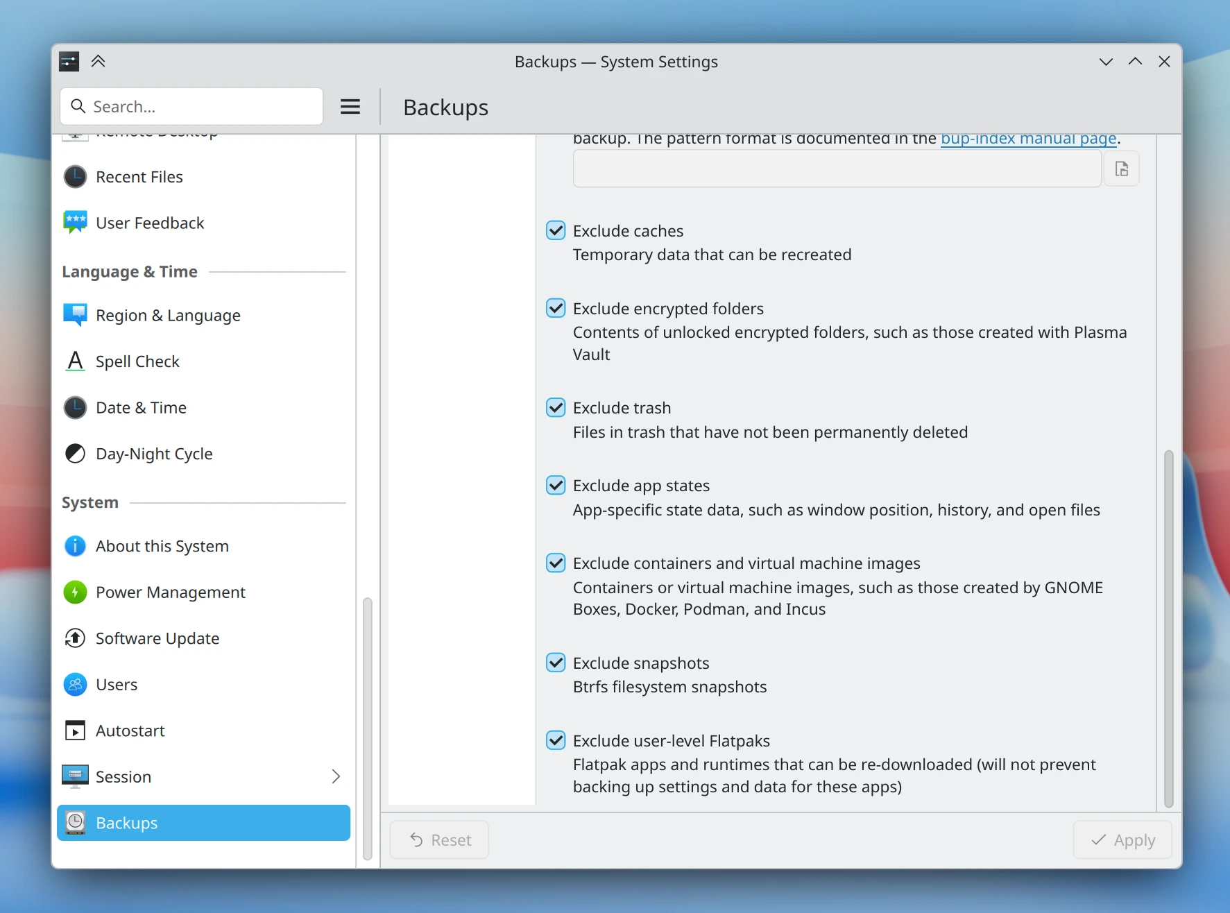 User-friendly list of comprehensibly-phrased exclusions for Kup-based backups