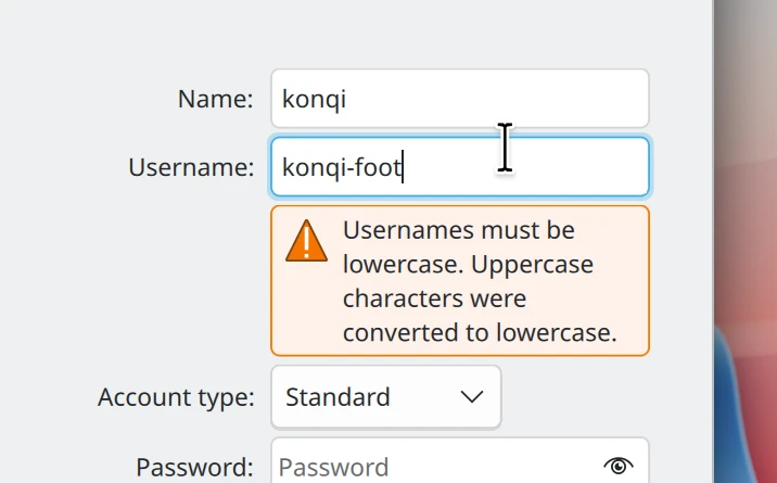 Warning about character restrictions when typing the new user’s username