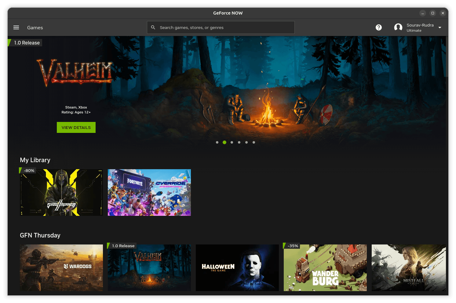 geforce now linux build showing many game listings inside its interface