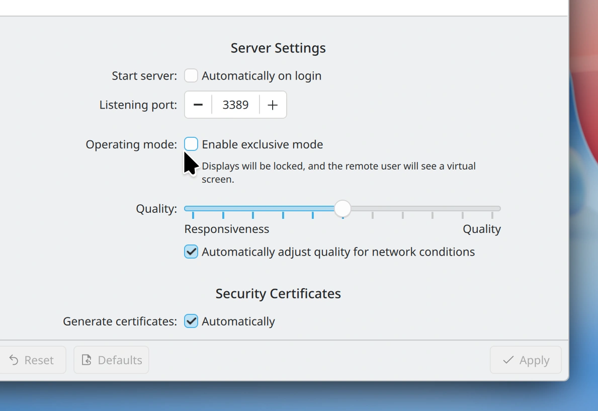 “Exclusive mode” for remote desktop connections wherein the remote machine’s screens are locked during a remote desktop session, and the connecting machine sees a virtual display