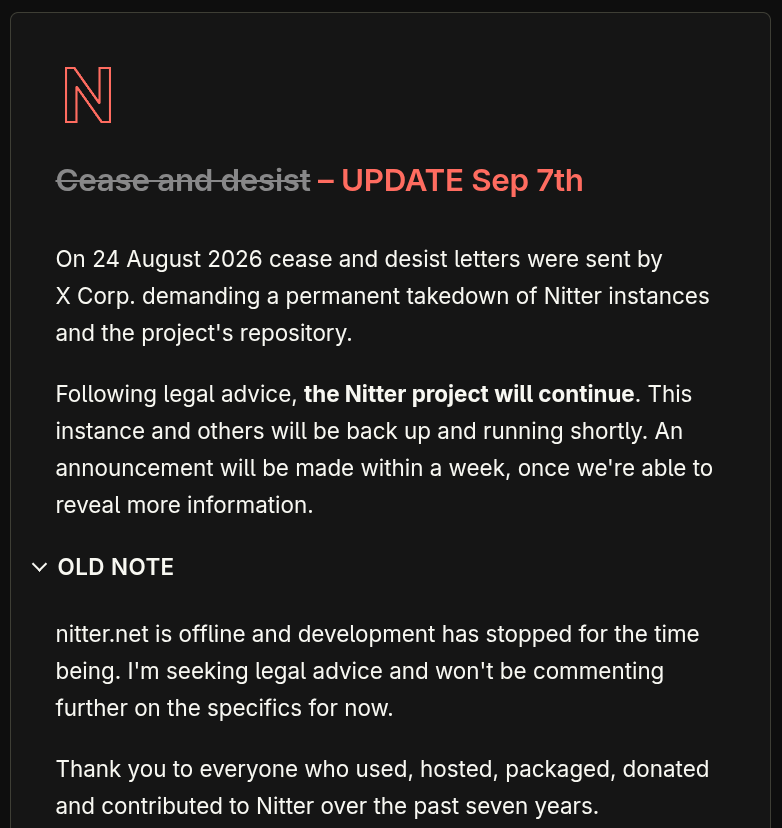 a cutout from the official nitter website that shows an updated notice regarding the cease-and-desist letter sent by x corp