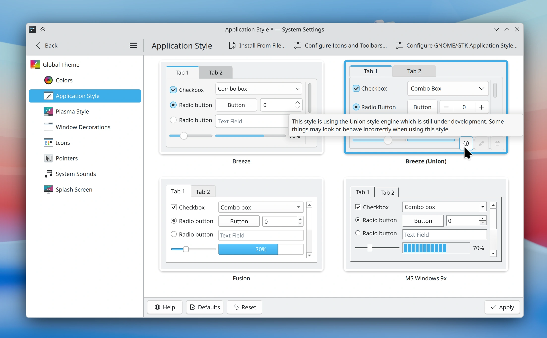 System Settings’s Application Style page showing the “Breeze (Union)” style