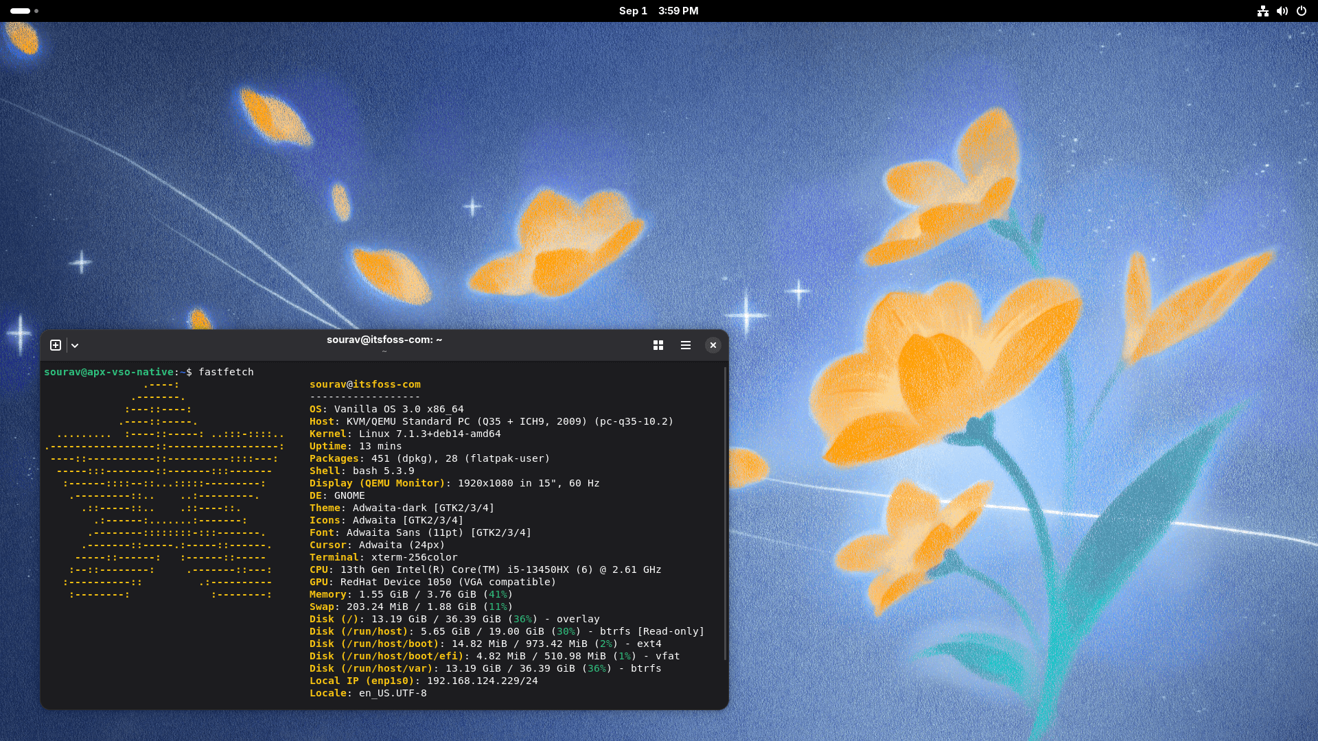 fastfetch output of vanilla os 3 is shown inside a terminal window on the bottom-left, and the rest of the picture shows a gnome desktop with a yellow flower-themed wallpaper (a new addition to vanilla os)