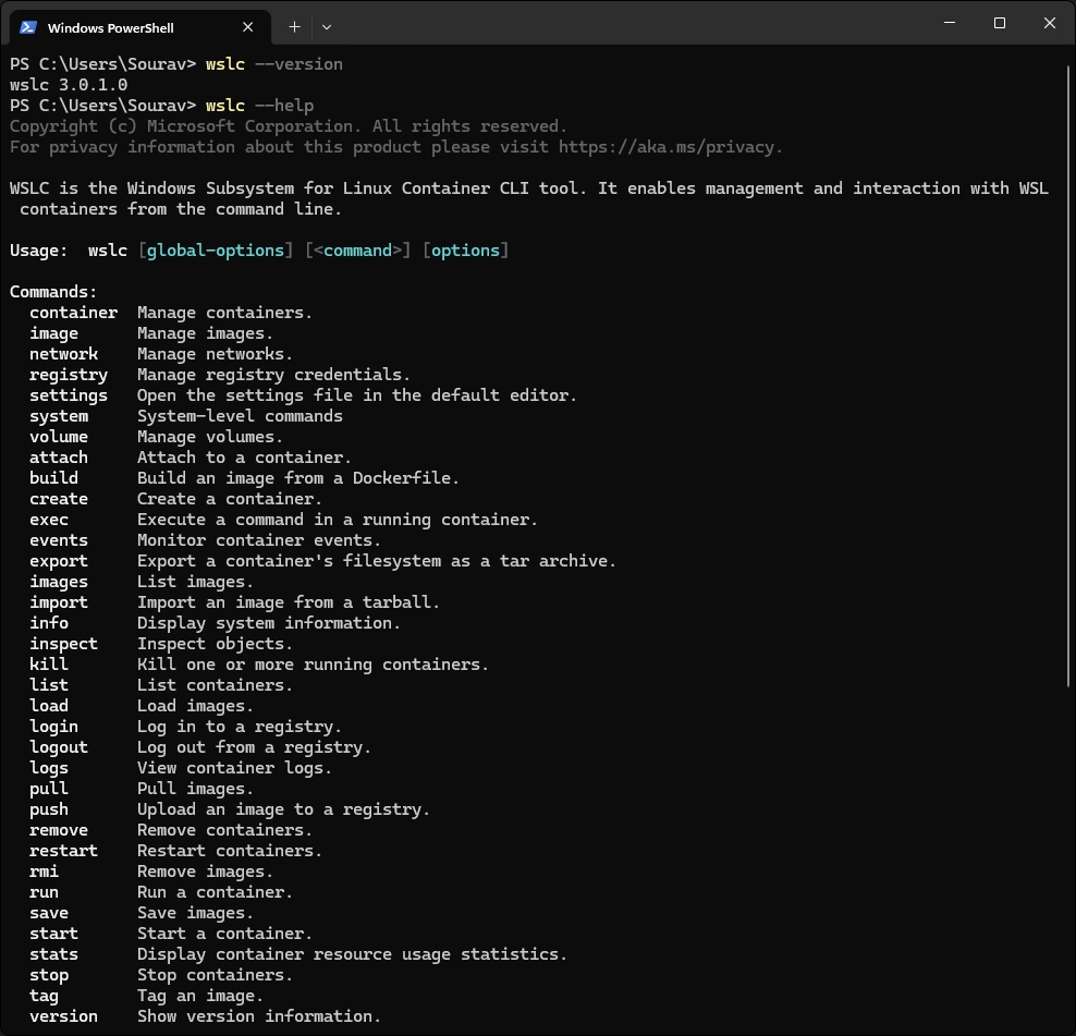 wslc --version and wslc --help command outputs
