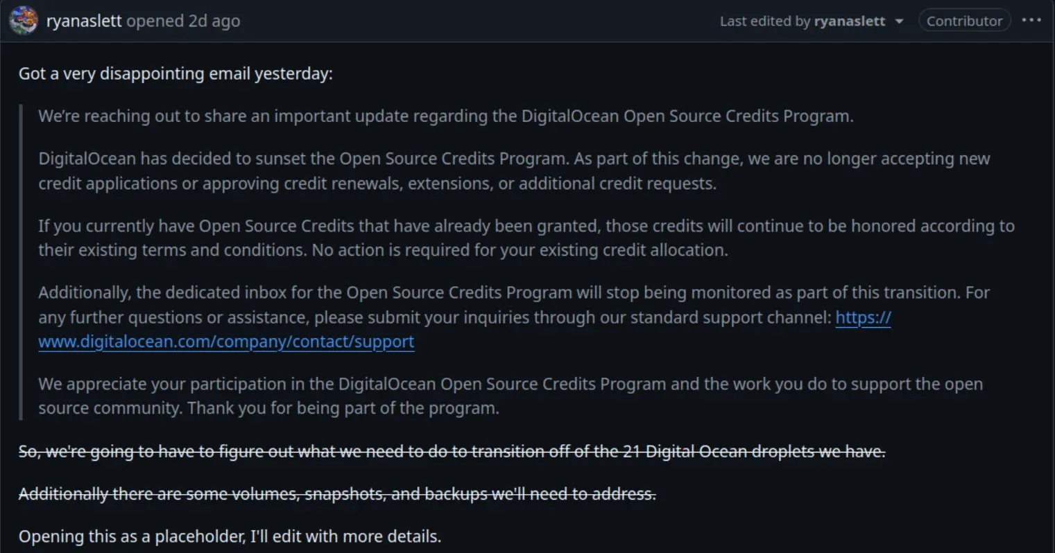 Digital Ocean ending its Open Source Credit Program