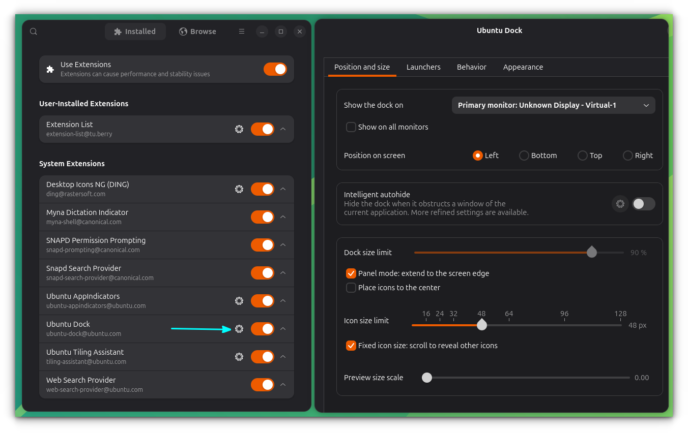 Ubuntu Dock extensive settings available via GNOME Extension settings.