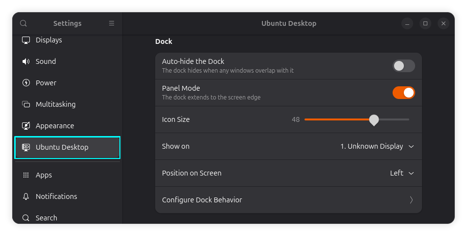 Ubuntu Dock Settings in the Default System Settings Application