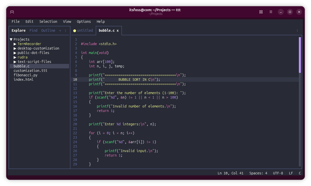 Syntax Highlighting in TTT shown using a sample C file.