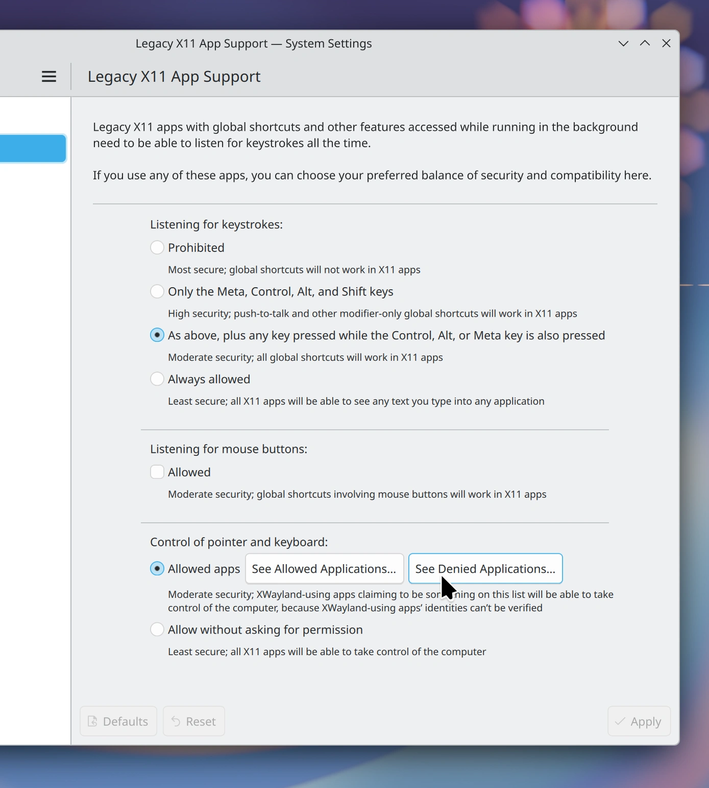 “Legacy X11 App Support” page in System Settings, showing the new “See Denied Applications” button