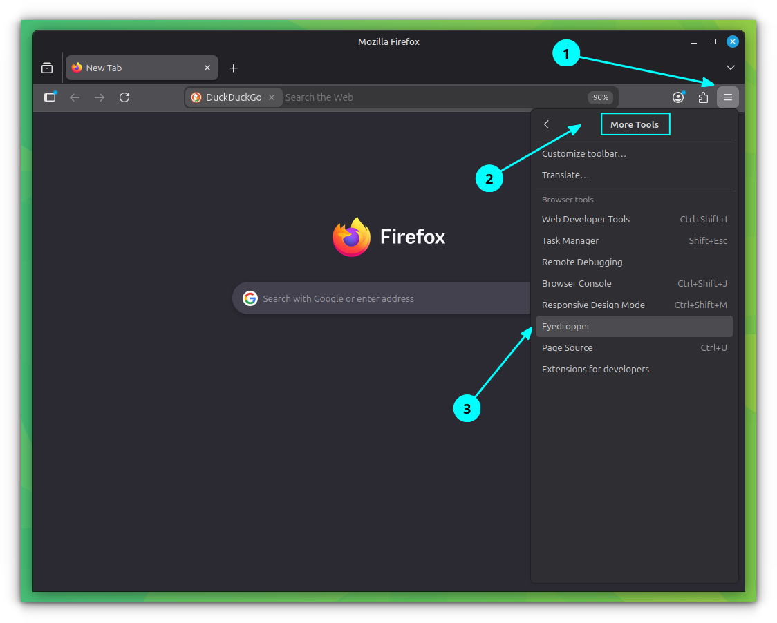 显示Firefox菜单的截图。在此处进入更多工具并选择取色器。
